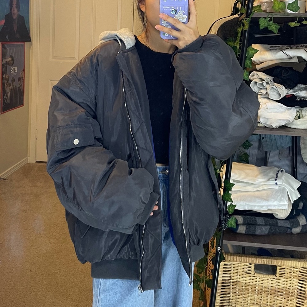 Grey Oversized Hooded Bomber Jacket